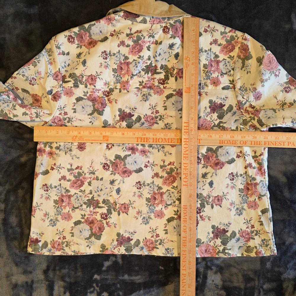 Curve Appeal Floral Denim Jacket Tan Corduroy Collar Pink Rose Print Medium - Picture 3 of 4